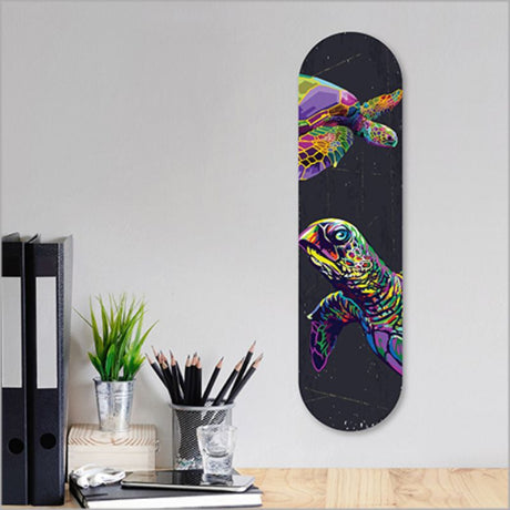 Vibrant ACM Printed Skateboard Art featuring intricate turtle designs, perfect for adding style to any space.