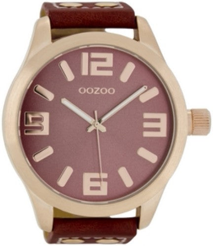 Coral red leather strap watch with red dial and rose gold casing, featuring a 41mm diameter and splash resistance.