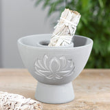 Lotus Grey Terracotta Smudge Bowl with an elegant lotus design, ideal for burning herbs and enhancing home decor.