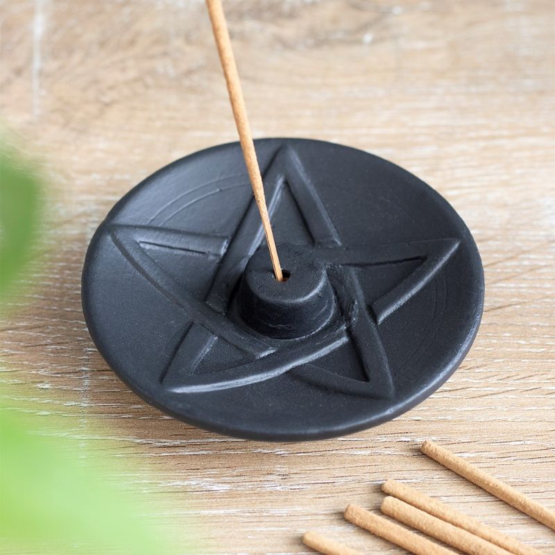 Black terracotta incense plate featuring a pentagram design, perfect for altars and meditation spaces.