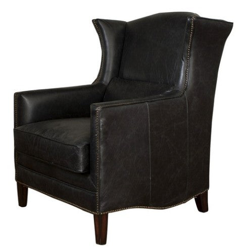 Luxurious black leather wing armchair with solid birch frame and three-level cushioning, perfect for stylish comfort.