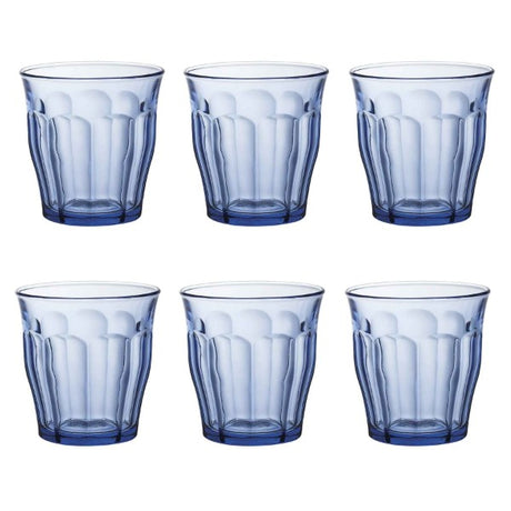 Set of 6 Duralex Picardie Marine tumblers, durable glassware ideal for hot and cold beverages, stackable and stylish.