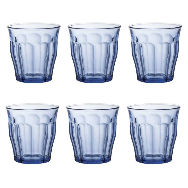 Set of 6 Duralex Picardie Marine tumblers, durable glassware ideal for hot and cold beverages, stackable and stylish.