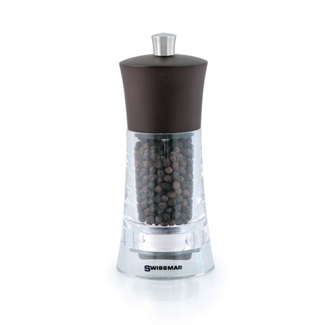 Elegant 15cm acrylic pepper mill with beechwood top, adjustable grind, and transparent body for easy pepper monitoring.