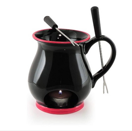 Swissmar Indulge Fondue Mug set with potbelly design, fondue forks, and tealight candle for delicious chocolate sharing.