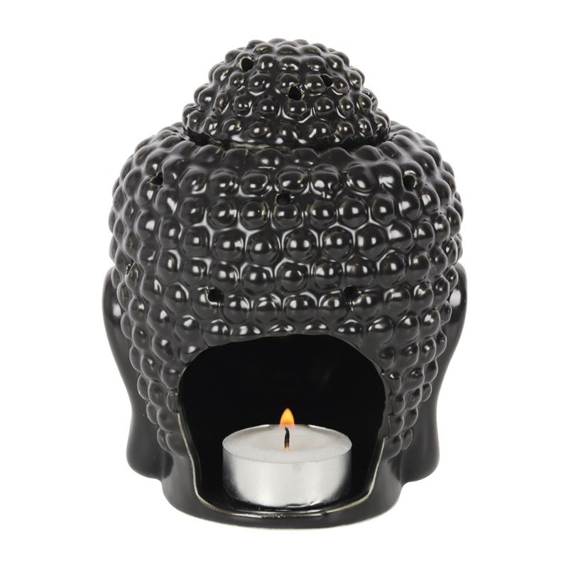 Matte black Buddha head oil burner, 14x9x9 cm, perfect for creating a calming atmosphere with essential oils or wax melts.