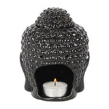 Matte black Buddha head oil burner, 14x9x9 cm, perfect for creating a calming atmosphere with essential oils or wax melts.