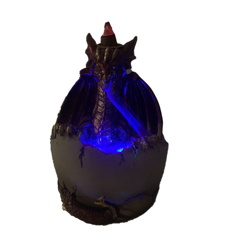 Dragon and Egg Red Backflow Burner LED with a glowing dragon design, cascading smoke, and color-changing crystals.