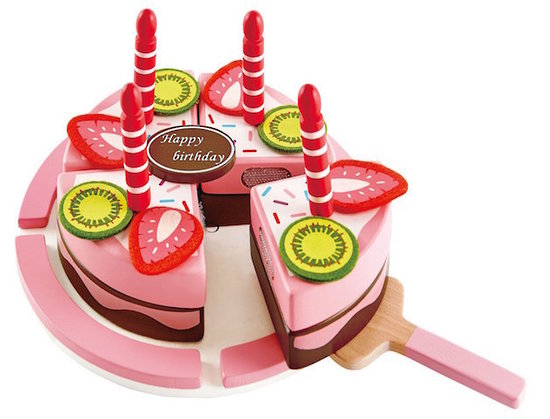 Colorful toy birthday cake with chocolate and strawberry flavors, candles, and a birthday card for imaginative play.