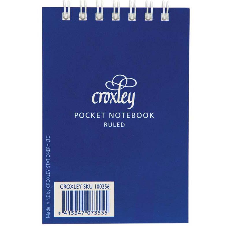 Compact blue Croxley pocket notebook with 50 leaves, 7mm ruling, and top-opening design for easy note-taking.