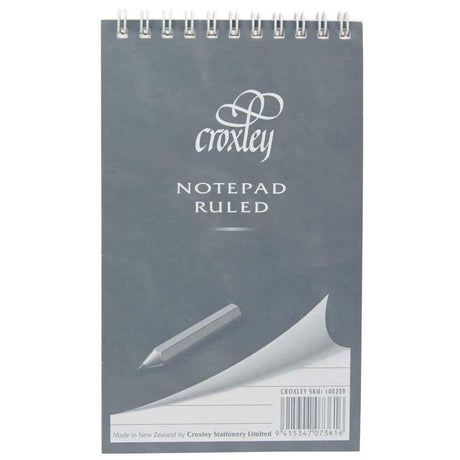 Compact Croxley notebook with grey cover, 50 leaves of 7mm ruled paper, ideal for students and professionals on the go.