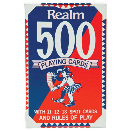 Vibrant red Realm Playing Cards 500 Pack, perfect for games and learning numeracy, durable and easy to handle.