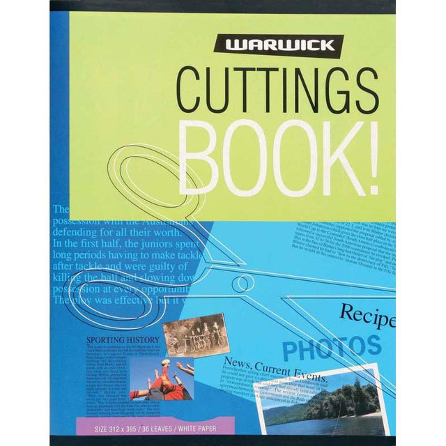 Warwick Scrapbook Cuttings with 36 sturdy white pages, perfect for preserving photos, clippings, and artistic creations.