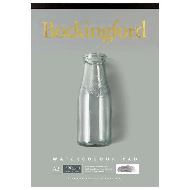 Bockingford A2 watercolour pad with 10 leaves of 300gsm cold-pressed paper, ideal for vibrant, durable artwork.