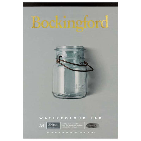 Bockingford A4 watercolour pad with 10 leaves of 300gsm cotton paper, ideal for vibrant and durable artwork.