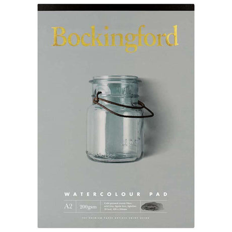 Bockingford A2 Watercolour Pad with 20 sheets of 200gsm cotton, cold-pressed paper, ideal for artists seeking high quality.