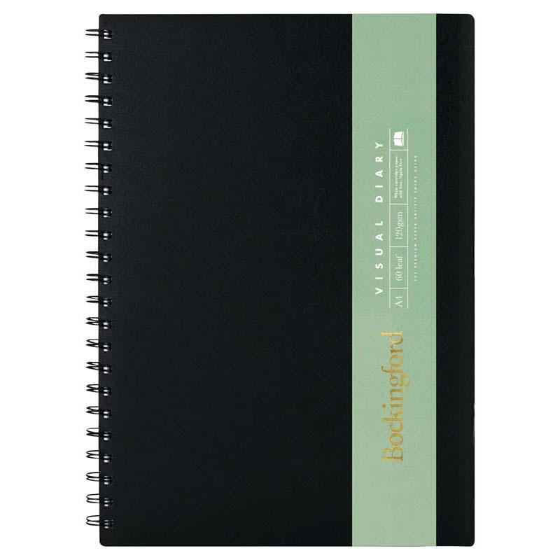 Bockingford A4 Diary with 60 acid-free pages, ideal for sketching, drawing, and painting; spiral-bound for easy use.