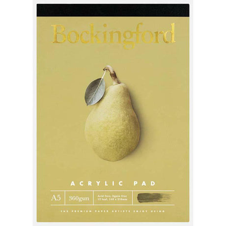 Bockingford Acrylic Pad A5 with 12 leaves, 360gsm, rough surface, acid-free paper for durable and vibrant artwork.