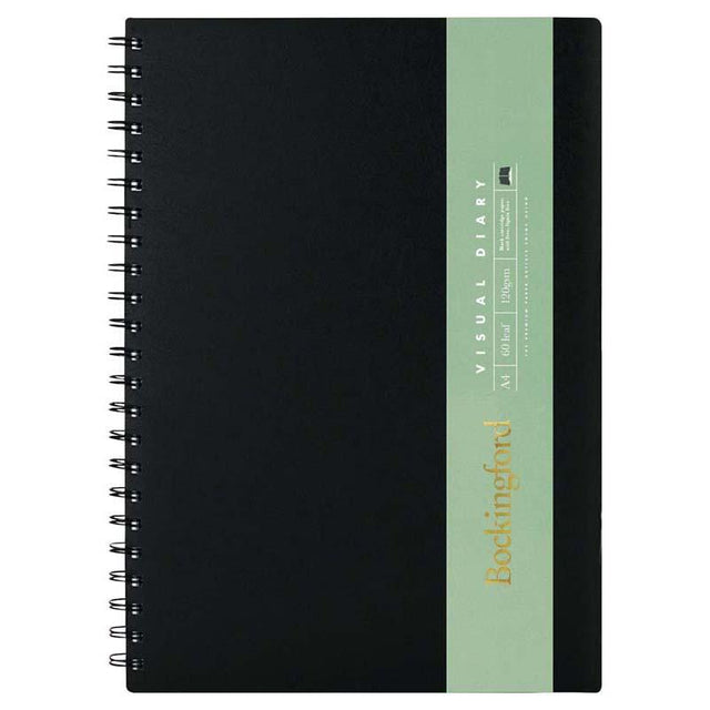 Bockingford A4 Visual Diary with 60 black 120gsm leaves, spiral-bound for easy use, perfect for artists and creatives.