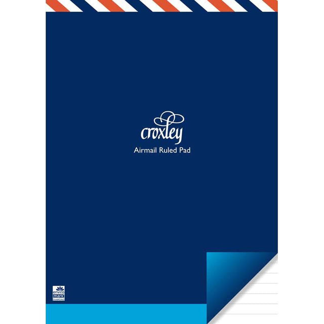 Croxley Size 2 notepad, 222x159mm, 45 airmail ruled leaves, navy color, durable paper for notes and sketches.