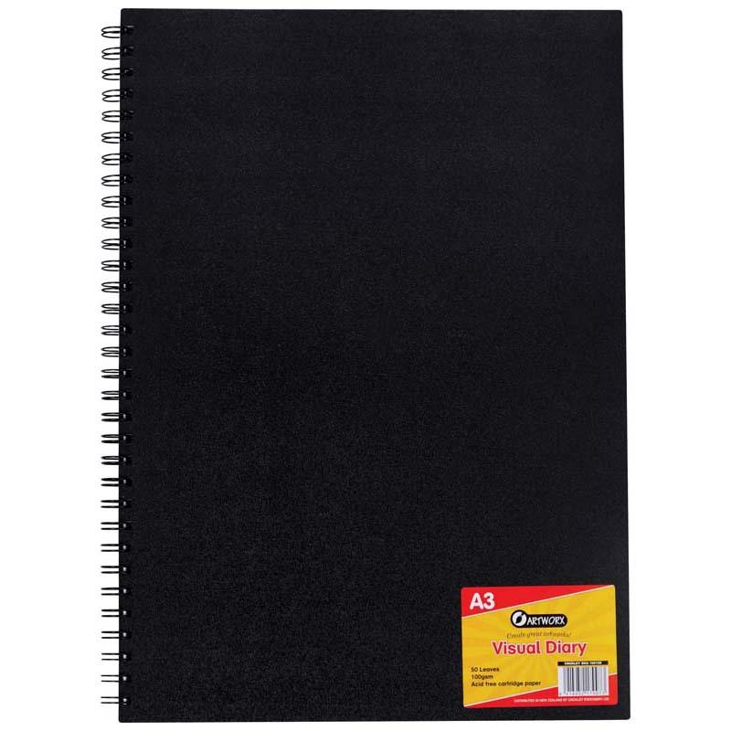 Artworx Diary Visual A3: Spiral-bound, 50 sheets of acid-free 100gsm white paper with an elegant black cover for creatives.