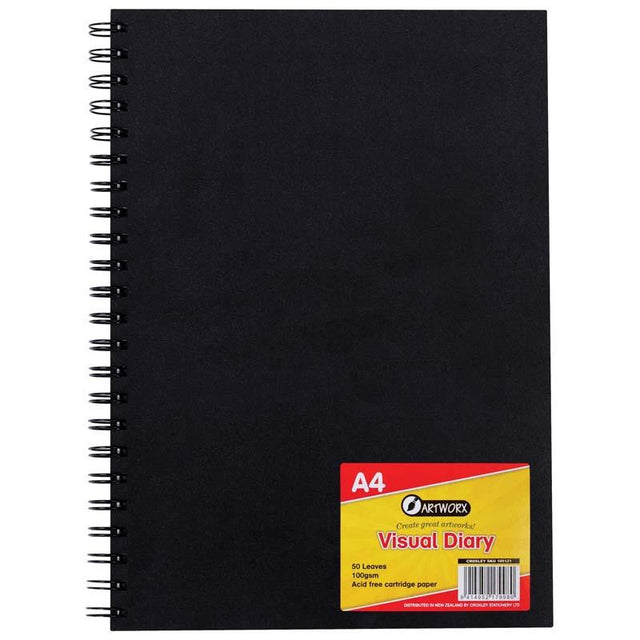 Artworx Visual A4 Diary with 50 acid-free pages, durable black cover, ideal for students and artists.