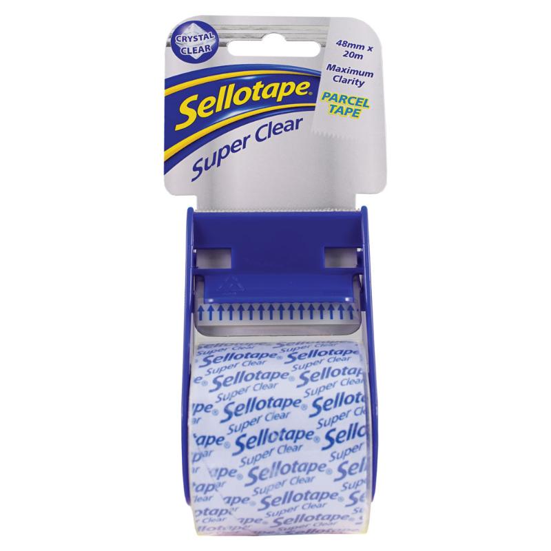 Sellotape Super Clear on dispenser, 48mm x 20m, ideal for securing parcels with strong, ultra-clear adhesive.