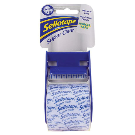 Sellotape Super Clear on dispenser, 48mm x 20m, ideal for securing parcels with strong, ultra-clear adhesive.