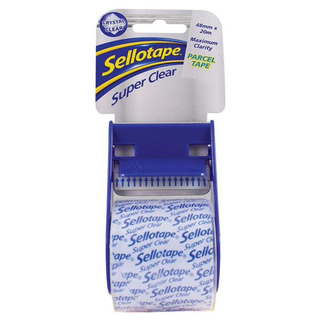 Sellotape Super Clear on dispenser, 48mm x 20m, ideal for securing parcels with strong, ultra-clear adhesive.