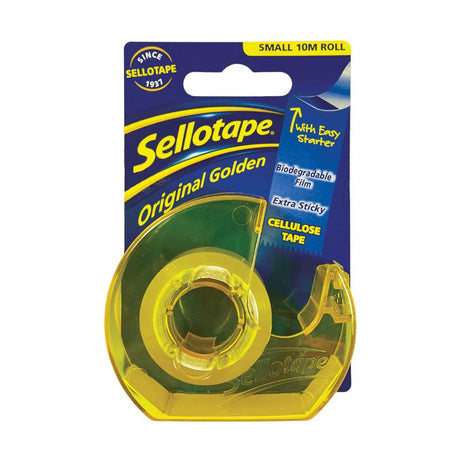 Sellotape 3264 cellulose tape on dispenser, 18mm x 10m, easy tear, tangle-free, eco-friendly, ideal for crafting and packaging.