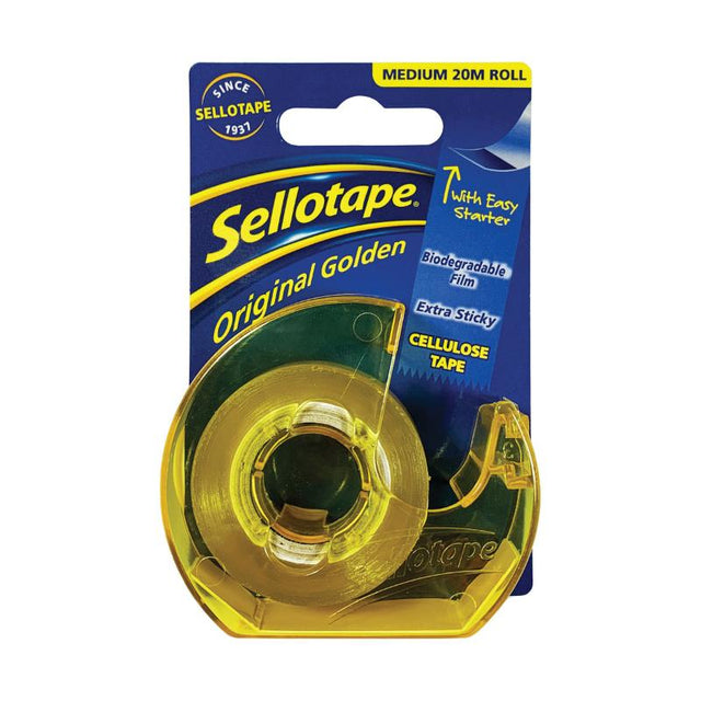 Sellotape 3263 cellulose tape on dispenser, 18mm x 20m, easy-tear, tangle-free, biodegradable for wrapping and crafting.