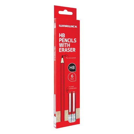 Red Warwick HB pencil pack of 6 with ergonomic hexagonal grip, pre-sharpened, erasers, and printed nameplates for easy use.