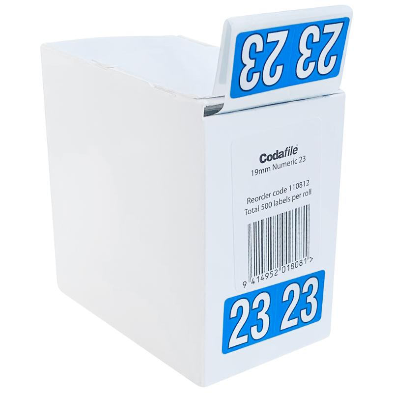 Codafile 2023 labels, 19x42mm, roll of 500, perfect for organizing and color-coding documents efficiently.