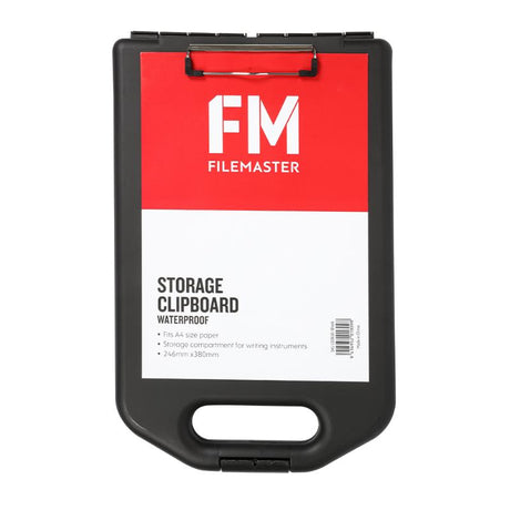 Weatherproof black A4 clipboard with a metal clip, holds 100 sheets, and includes pen compartment for outdoor use.