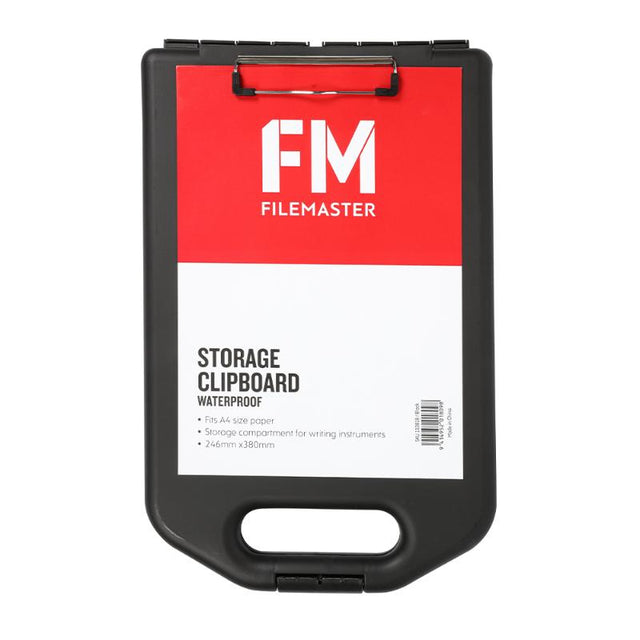 Weatherproof black A4 clipboard with a metal clip, holds 100 sheets, and includes pen compartment for outdoor use.