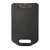 Weatherproof A4 clipboard in black, holding 100 sheets with a metal clip and pen compartment, ideal for outdoor use.
