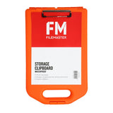 High-visibility orange A4 clipboard with weatherproof design, holds 100 sheets, includes pen compartment, sturdy clip.