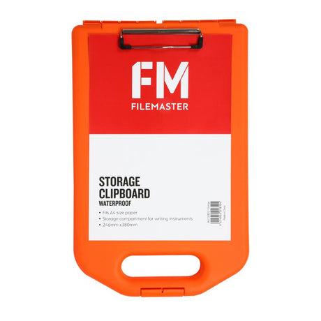 High-visibility orange A4 clipboard with weatherproof design, holds 100 sheets, includes pen compartment, sturdy clip.