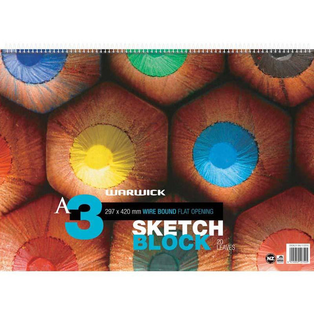 Warwick A3 spiral sketch pad with 20 leaf, 120gsm paper, ideal for various mediums and detailed artwork.