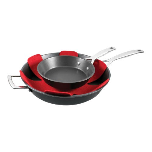 2Pce Skillet Set including 20cm and 32cm non-stick skillets with felt protector for easy cooking and maintenance.