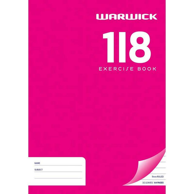 A4 Warwick Exercise Book 1I8 in pink with 32 leaves, 9mm ruled pages, perfect for students and various subjects.