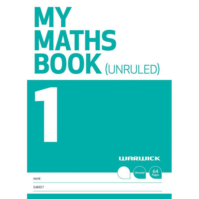 Unruled A4 maths book with 64 durable pages, reinforced binding, laminated cover, and interactive learning features.