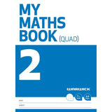 Warwick My Maths Book 2 with 64 pages, 7mm quad ruling, laminated cover, and essential math reference materials.