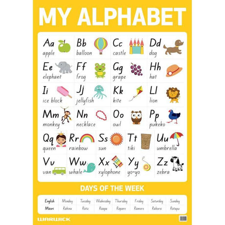 Illustrated A1 alphabet poster with days of the week in English and Maori, designed for early literacy development.