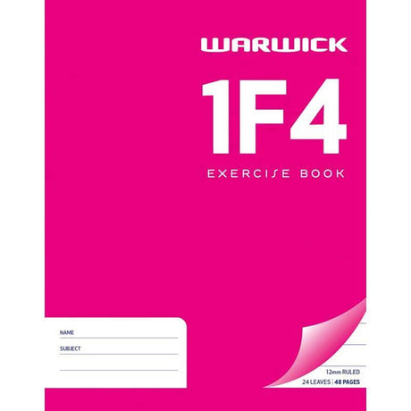 Pink ruled Warwick Exercise Book 1F4 with 24 leaves and 12mm ruling, perfect for school and office use.