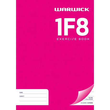 Warwick Exercise Book A4 with 32 leaves, featuring 1/3 blank pages and 2/3 ruled lines, stylish pink cover, ideal for notes.