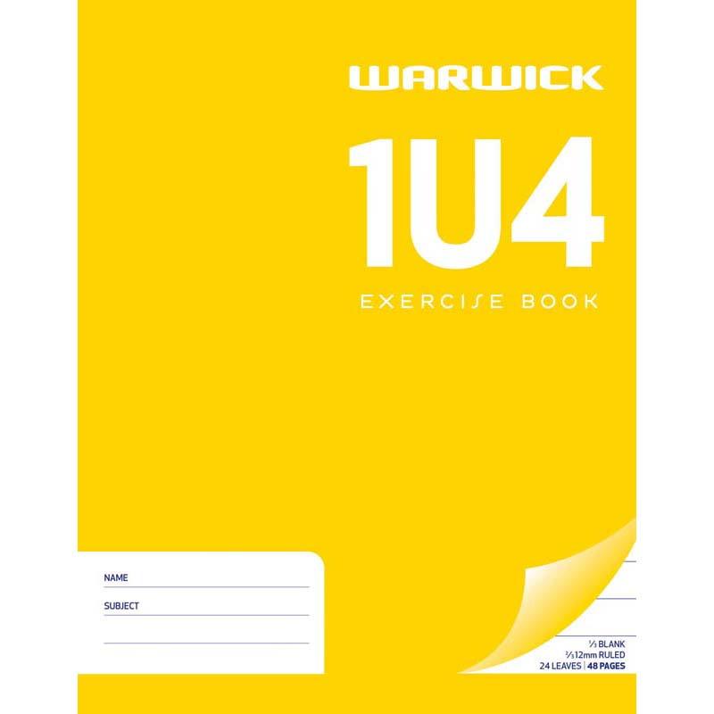 Warwick Exercise Book 1U4 in yellow, 230x180mm, 24 leaves with 2/3 ruled and 1/3 unruled pages for versatile writing and drawing.