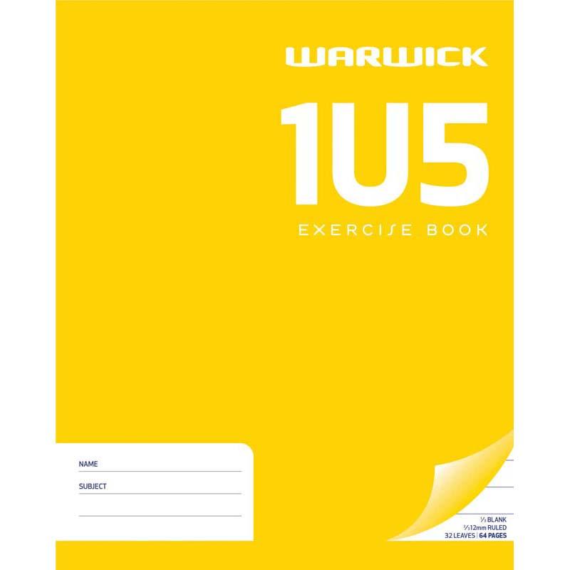 Warwick Exercise Book featuring 32 pages, 12mm ruled lines, and a blank top for sketching, compact size, yellow cover.