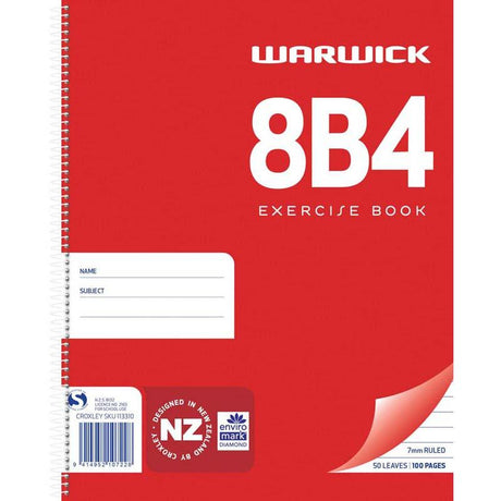 Warwick 8B4 notebook with 50 ruled leaves, spiral binding, and soft red cover, ideal for note-taking and organization.