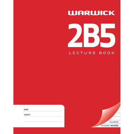 Red hardcover Warwick Lecture Book, 94 leaves with 7mm ruled lines, perfect for organized note-taking.